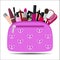 Pink cosmetic bag with makeup on white background