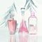 Pink cosmetic products bottles in sunlight with palm leaves shadow at white background. Modern facial skin care. Beauty anti aging