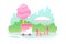 Pink cotton candy cart kiosk on wheels, cartoon candyfloss store on city street vector illustration. Sugar floss maker
