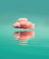 Pink cotton candy cloud hovering over cyan water surface.