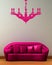 Pink couch with dummy of chandelier