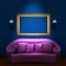 Pink couch with empty frame and sconces