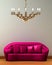 Pink couch with golden chandelier