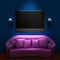 Pink couch with LCD tv and sconces