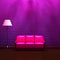 Pink couch and standard lamp in purple interior