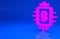 Pink CPU mining farm icon isolated on blue background. Bitcoin sign inside processor. Cryptocurrency mining community