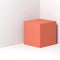 Pink cube stands in empty white corner 3d