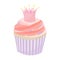 Pink cupcake with a cute crown in cartoon style
