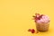 Pink cupcake decorated in modern style with sublemented berries on bright yellow background