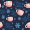 Pink cups with hot chocolate, snowflakes and Merry Christmas text seamless pattern for winter holidays.