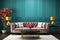 pink curved sofa with pouf and teal wall panels with vibrant and colorful art poster. modern living room home interior design