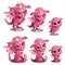 Pink cute dragon of different ages, growth, sits, stands. Fairy cartoon animal for animation, childrens illustrations