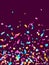 Pink cyan blue yellow foil holiday realistic confetti flying vector background.