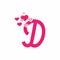 Pink D initial letter with love sign valentine vector