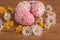 Pink decorated easter eggs in flower bed