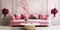 Pink decorative elements on marble wall. Interior design of modern Hollywood regency living room