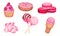 Pink Desserts with Lollipops and Cupcake with Raspberry Vector Set