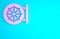 Pink Dharma wheel icon isolated on blue background. Buddhism religion sign. Dharmachakra symbol. Minimalism concept. 3d