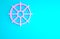 Pink Dharma wheel icon isolated on blue background. Buddhism religion sign. Dharmachakra symbol. Minimalism concept. 3d