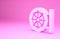Pink Dharma wheel icon isolated on pink background. Buddhism religion sign. Dharmachakra symbol. Minimalism concept. 3d