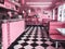 A pink diner with black and white checkered floor. Generative AI image.