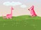 Pink dinosaur giving flowers to a female dinosaur on a meadow with sky background