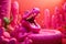 A pink dinosaur inflatable bed in a pink room. AI generative image