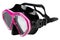 Pink diving mask with black silicone seal, diagonal arrangement, on a white background