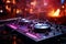 Pink DJ headphones, turntables, and a sound mixer ignite the nightclub.