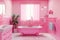 Pink dollhouse. Bathroom toy interior in miniature. Small cute plastic sink. Generative Ai