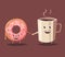 Pink donut and coffee character. Cartoon vector illustration