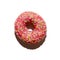 A pink donut with colored sprinkles isolated on white