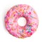 Pink donut decorated with colorful sprinkles isolated on white background