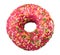 Pink donut in the glaze, isolated on white background, tasty fresh watered glaze