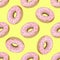 Pink donut sweet dessert yellow seamless pattern