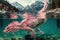 pink dragon diving into crystal-clear lake