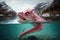 pink dragon diving into crystal-clear lake