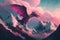 pink dragon flying over cloud-covered mountains
