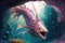 pink dragon, swimming through underwater cavern, with schools of fish swimming in the background