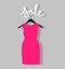 Pink dress on a hanger and an inscription sale. Vector illustration with sale of clothes for woman