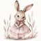 A pink-dressed illustrated rabbit stands confidently among whimsical flora