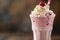 A pink drink in a glass topped with whipped cream and a cherry, A refreshing milkshake topped with whipped cream and a cherry on
