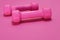 Pink dumbbells isolated on pink background with copy space. Womens fitness equipment