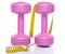 Pink dumbells with a tape measure