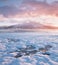 Pink early morning glow light on snow covered mountains in arctic norway, super wide panoramic scene. Scenic winter view