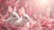 pink Easter background with 2 rabbits and flowers, pastel colors and space for text