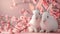 pink Easter background with 2 rabbits and flowers, pastel colors and space for text
