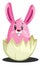 Pink Easter bunny in cracked eggshell illustration web vector on a