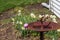 Pink Easter egg is hidden on edge of birdbath in flower garden