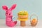 Pink Easter rabbit Easter chicks basket Pastel colors